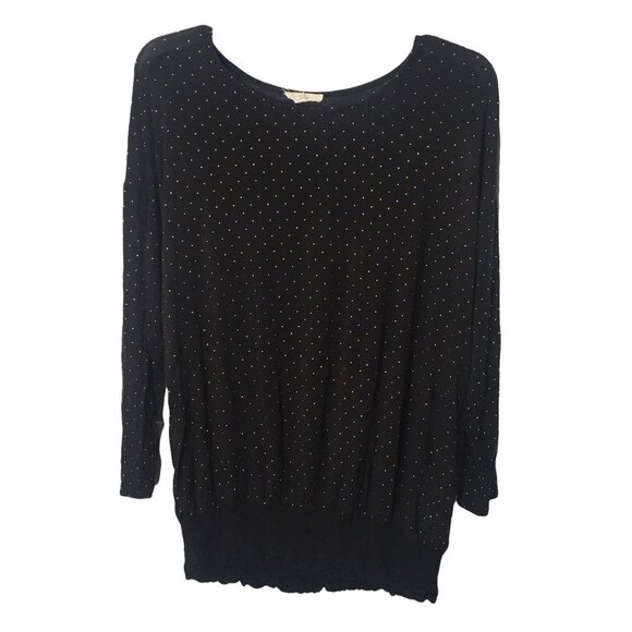 Shirt Women Large Black Gold Polka Dot Smocked Hem Stretch Como Blu - Picture 1 of 7